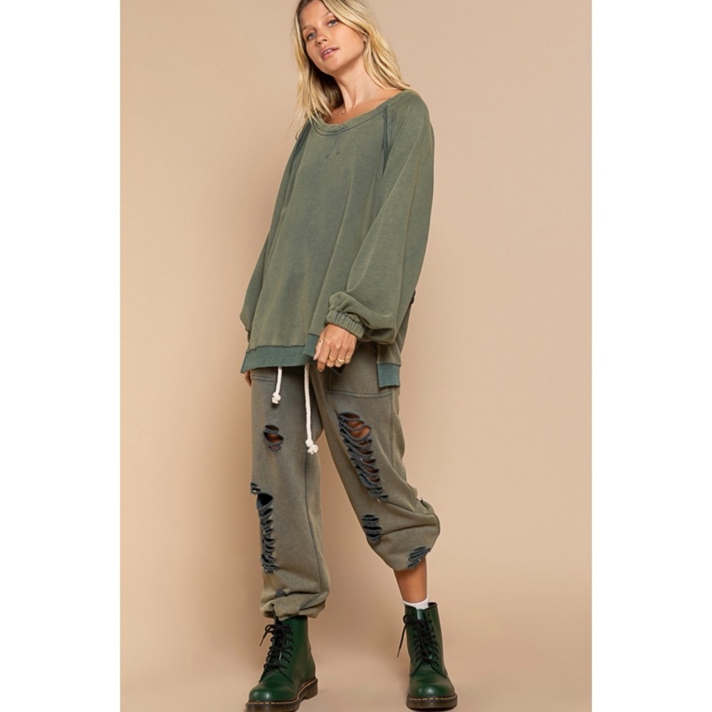 POL Olive Green Criss Cross Back Pullover | Vintage Wash French Terry Sweatshirt - Picture 4 of 11